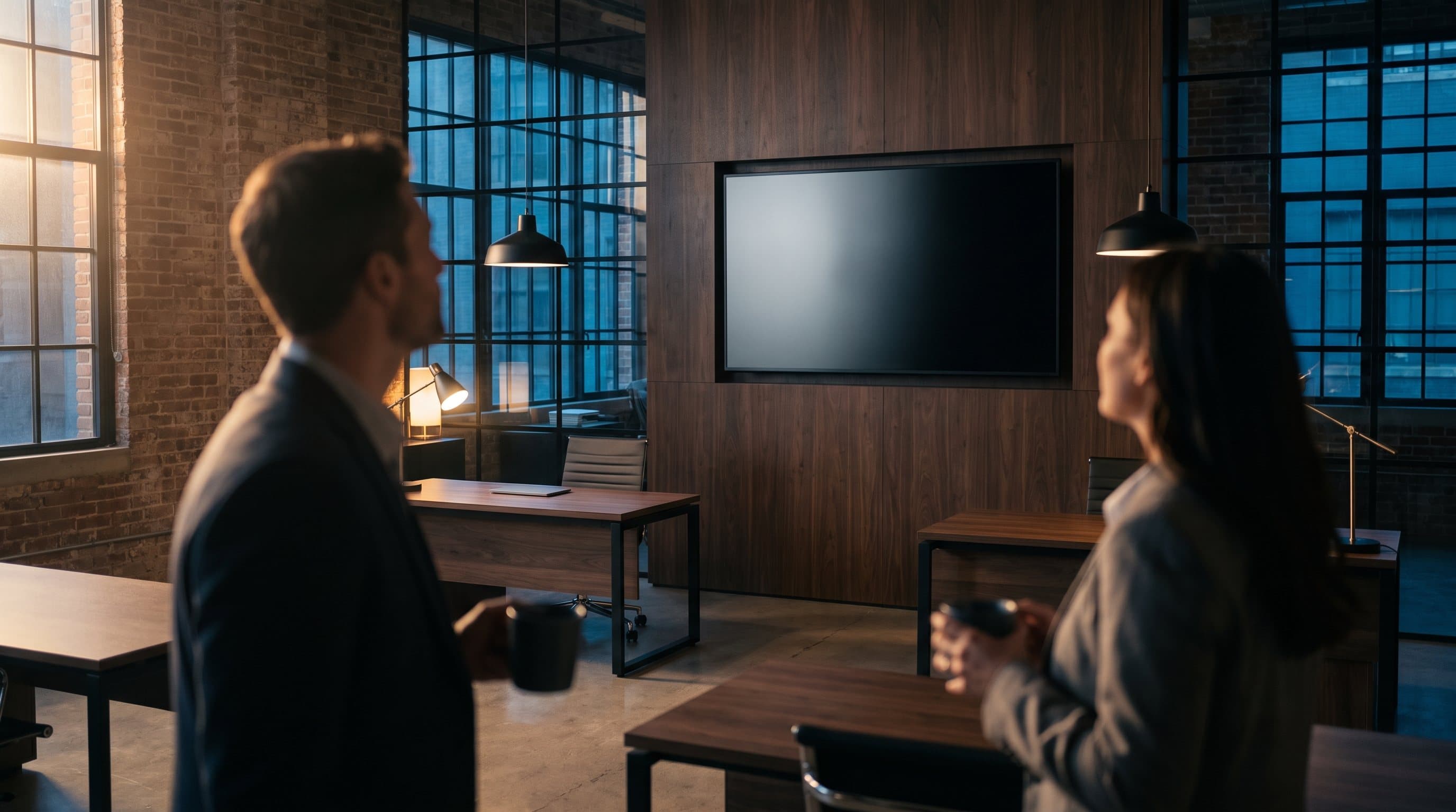 Two agents looking up at the leaderboard on the office TV